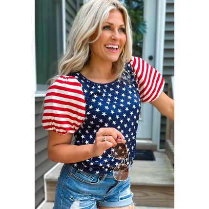Navy Blue 4th Of July Stars Stripes Puff Sleeve T Shirt