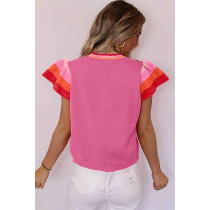 Bright Pink Contrast Flutter Sleeves Knitted Sweater T Shirt