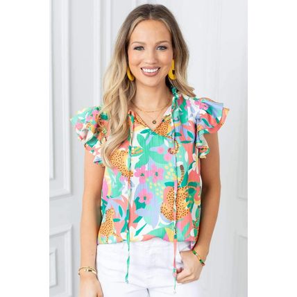 Green Frilly Ruffle Tie Split Neck Summer Floral Blouse