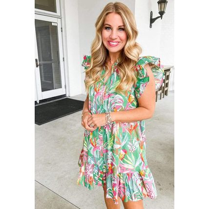 Green Abstract Floral Ruffle Trim Flutter Sleeve Buttoned Dress