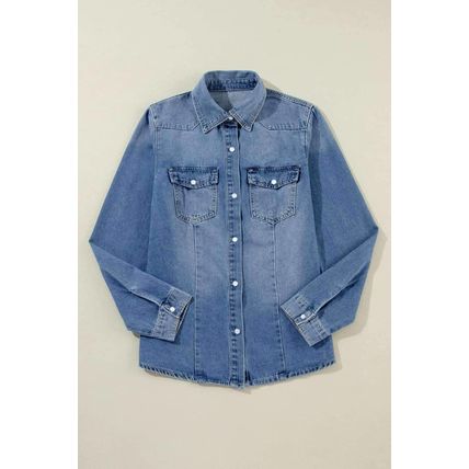 Dusk Blue Flap Pockets Slim Buttoned Denim Shirt