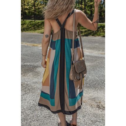 Brown Retro Geometric Printed Y Back Sleeveless Dress