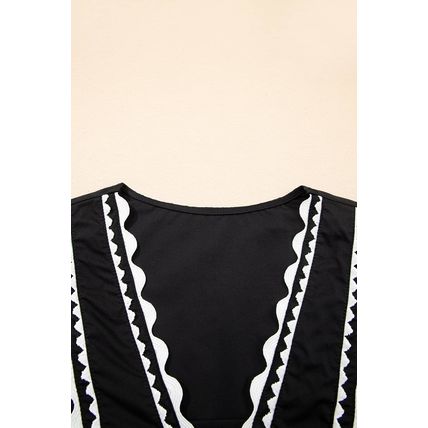 Black Contrast Ricrac Trim Ruffled V Neck Peplum Top