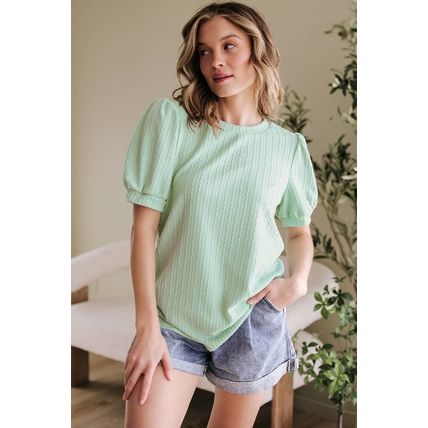 Mist Green Textured Round Neck Short Puff Sleeve Top