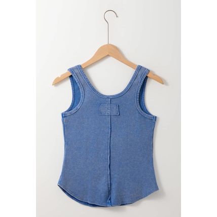 Sky Blue Mineral Wash Ribbed Notch Neck Tank Top
