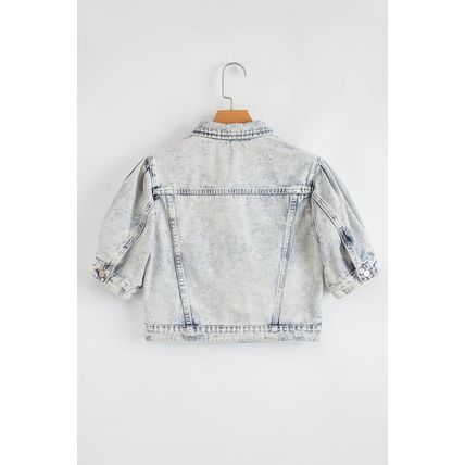 Beau Blue Light Wash Buttoned Chest Pocket Puff Sleeve Denim Jacket