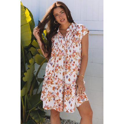 Apricot Floral Geometric Print Ruffled Trim Flutter Sleeve Mini Dress