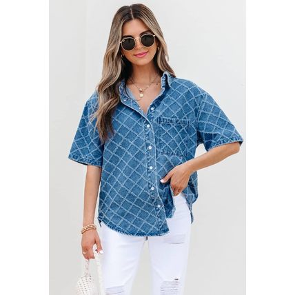 Dusk Blue Checkered Textured Short Sleeve Patched Pocket Denim Shirt