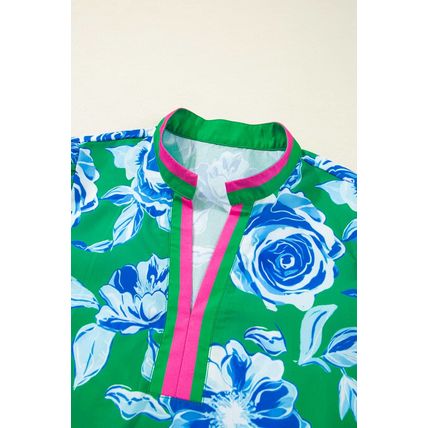 Green Floral Print Short Puff Sleeve Plus Size Top