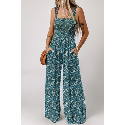 Green Floral Print Smocked High Waist Square Neck Jumpsuit