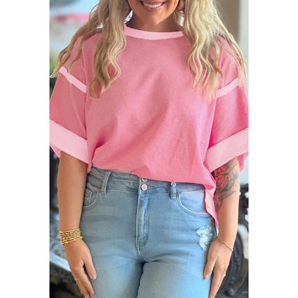 Peach Blossom Two Tones Patchwork Half Sleeve Plus Size T Shirt