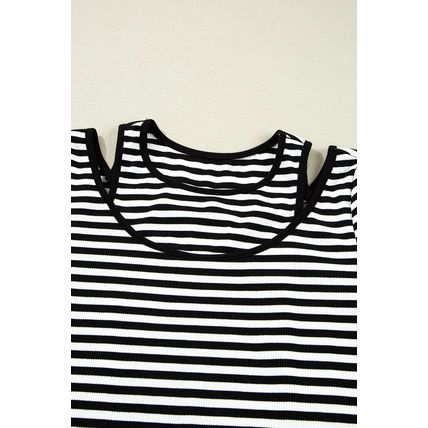 Black Stripe Double-layer Cold Shoulder Long Sleeve Top