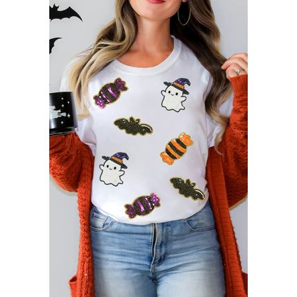 White Sequined Halloween Spirit Pattern Patched Custom Casual Tee