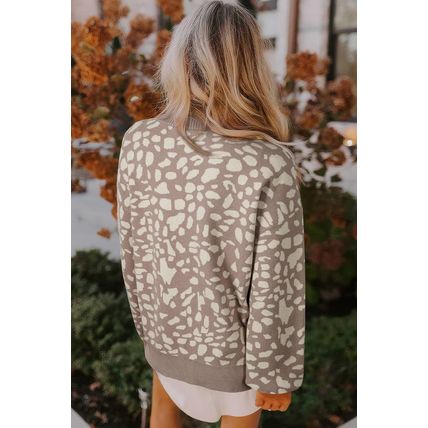 Gray Leopard Spots Pattern Ribbed Trim Drop Shoulder Sweater
