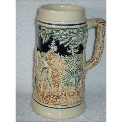 Vintage Beer Stein Evergreen Forest Scene Deer Stag Doe Stoneware 0.5 L German
