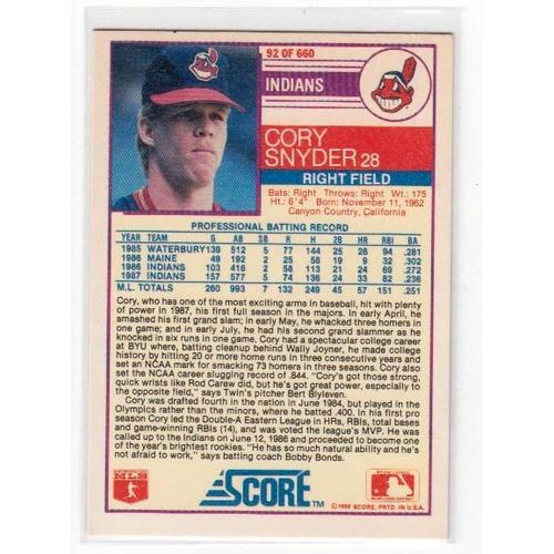 1988 Score Cory Snyder baseball card #92 – Indians