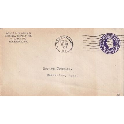 United States 1933 Georgia Supply Co.Savannah GA-Worcester MASS Cover typed VGC