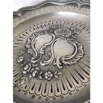 Rococo Style Pewter Tray / Fruit Tray Platter Flowers Shell & Leaves Vintage