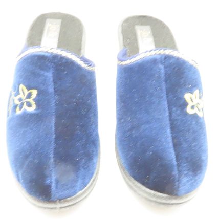 Ladies Mules Slippers Blue with Gold Trim & Flower Detail Wedge Heel Size 4