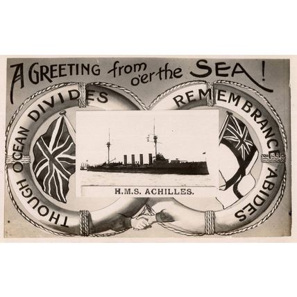 HMS Achilles Military War Ship Life Buoy Greetings Real Photo WW1 Postcard