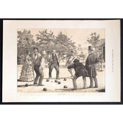 A GAME AT BOWLS 1872 Rural Scene VICTORIAN ENGRAVING