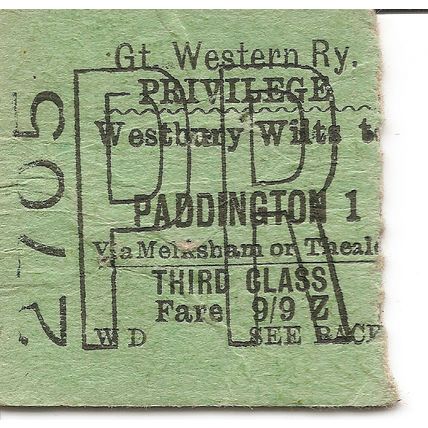 G.W.R. Edmondson Ticket - Westbury Wilts to Paddington
