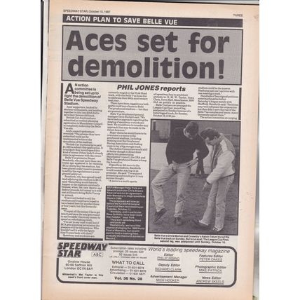Speedway Star magazine : October 10, 1987. Newcastle team photo. Aces demolition