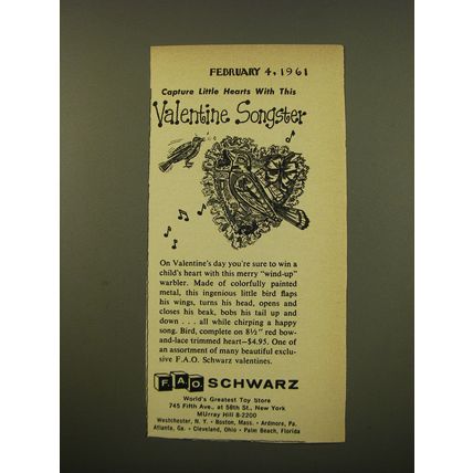1961 FAO Schwarz Toys Ad - Capture little hearts with this Valentine Songster