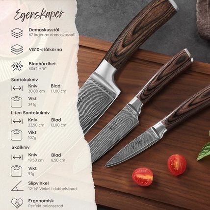 Wakoli Damascus Kitchen Knife Set, 3 Pieces Professional Chef Knife Set Made fro