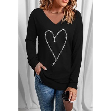 Black Rhinestone Heart Shaped V Neck Long Sleeve Top