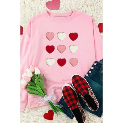 Pink Glitter Chenille Heart Patch Valentines Sweatshirt