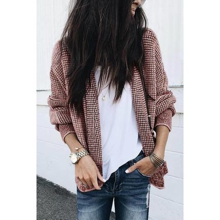 Peach Blossom Plaid Contrast Trim Open Front Cardigan