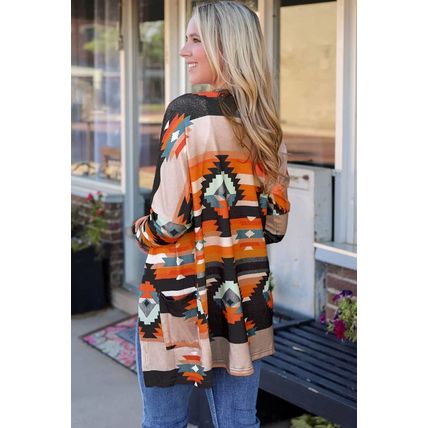 Orange Western Tribal Aztec Print Cardigan