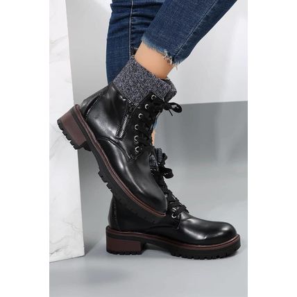 Black Knitted Patched Lace-up Heeled Ankle Boots