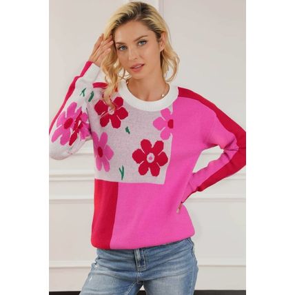 Rose Red Floral Mixed Color Block Sweater