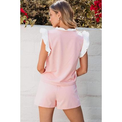 Light Pink Contrast Trim Ruffled Top and Drawstring Shorts Set