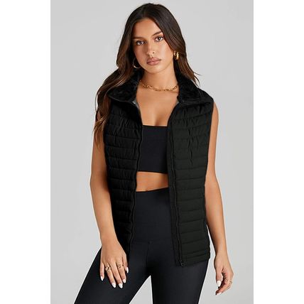 Black Plush Collared Quilted Zipped Puffer Vest