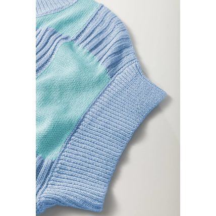 Light Blue Checkered Color Block Crew Neck Short Sleeve Sweater