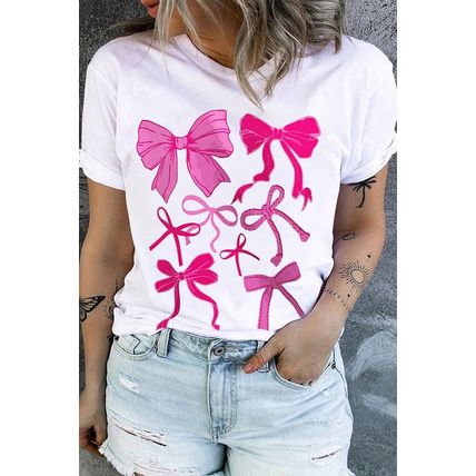 White Diverse Bowknot Printed Crew Neck Plus Size Tee