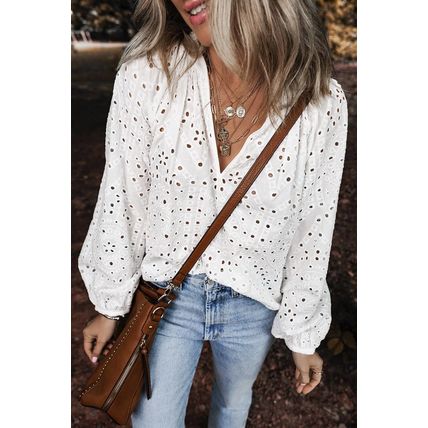 White Eyelet Embroidered Puff Sleeve V Neck Blouse