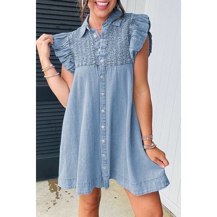 Beau Blue Flutter Sleeve Shirred Detail Button Up Denim Mini Dress