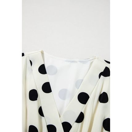 Beige Polka Dot Printed Surplice V Neck Puff Sleeve Mini Dress