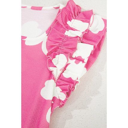 Pink Floral Textured Ruffled Short Sleeve Square Neck Blouse