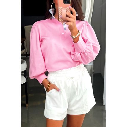 Bonbon Button Striped Collar Patchwork Puff Sleeve Sweatshirt