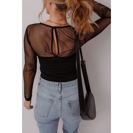 Black Polka Dot Mesh Long Sleeve Square Neck Bodysuit