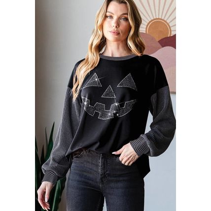 Black Halloween Rhinestone Pumpkin Face Contrast Ribbed Long Sleeve Patchwork To