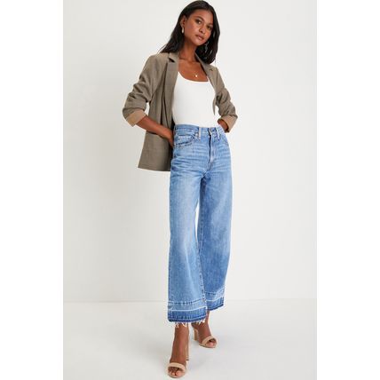 Dusk Blue Raw Hem Straight Leg Loose High Waist Jeans