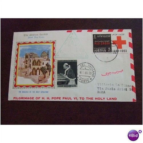 Jordan 1964 Red Cross Pope Paul VI Flight Cachet Cover Vatican City Amman-Rome