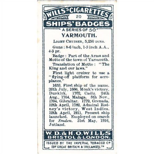 Wills Ship Badges Card No. 20 Yarmouth