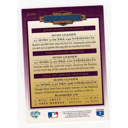1994 Upper Deck Top Performers card-Tom Glavine, Burkett, McDowell #306